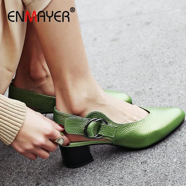 

dress shoes enmayer 2021 genuine leather high heels party woman buckle strap slingbacks round toe big girl wedding 34-43, Black
