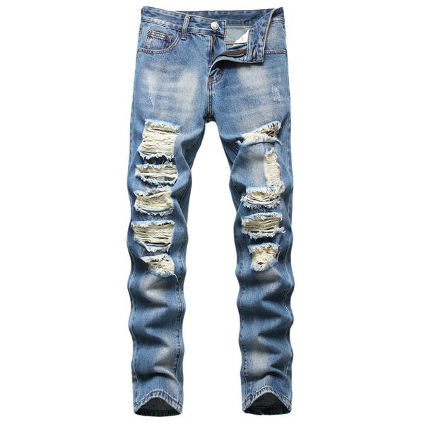 

men's ripped distressed destroyed straight leg mens fashion denim jeans biker denim pants motocycle men's hip hop trousers for mal, Blue