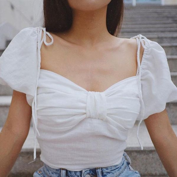 

women's t-shirt summer square collar folds slim slimming navel bowknot short-sleeved puff sleeve sweet white with wooden ears