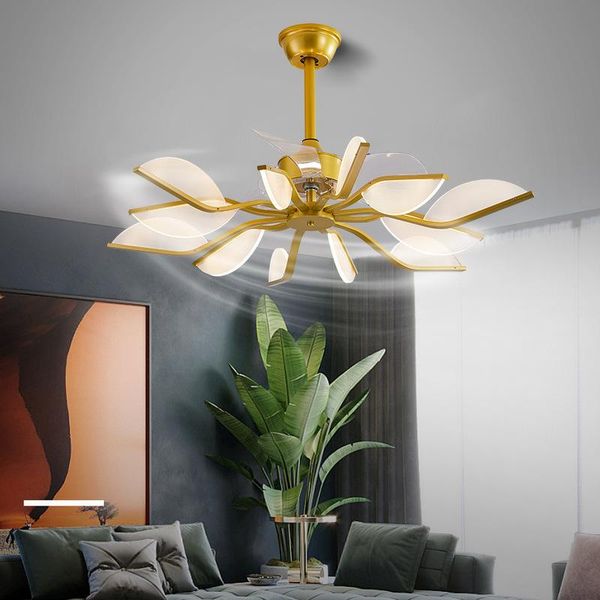 

ceiling fans modern light luxury copper natural color frequency conversion fan lamp living room dining bedroom chandelier