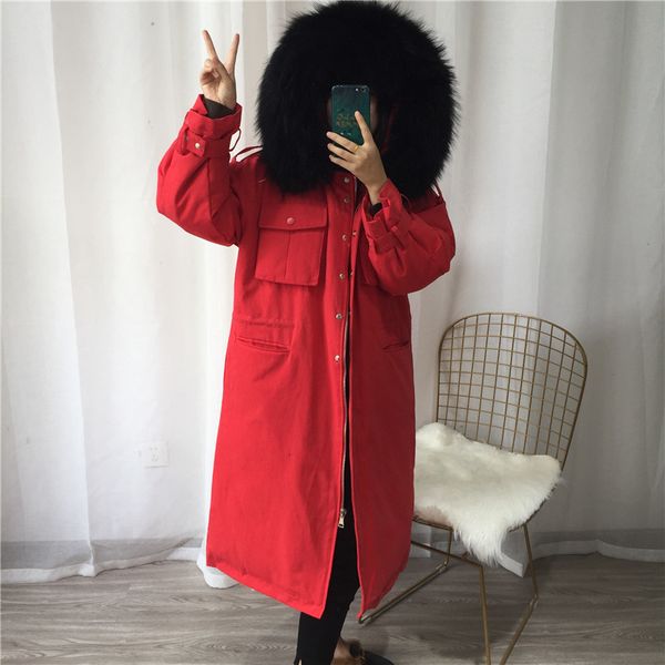

30 degree women winter coat 2021 large real natural raccoon fur collar thick warm down parka hooded long white duck down jacket t191031, Black