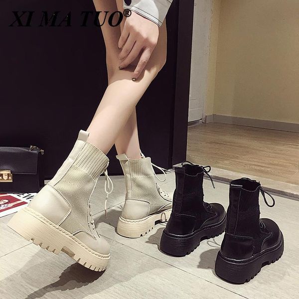 

boots ankle for women 2021 spring motorcycle thick heel platform shoes woman slip on round toe fashion, Black