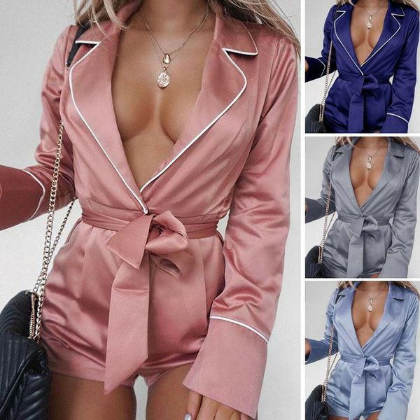 

women's jumpsuits & rompers women home sleepwear style deep v neck satin silk long sleeve playsuits solid color soft with belt, Black;white