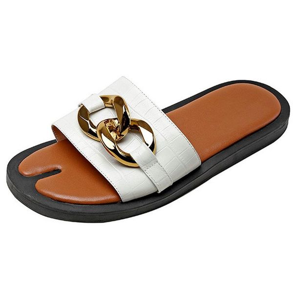 

slippers party basic shoes woman low heels metal chain genuine leather ladies for women prom sandals, Black