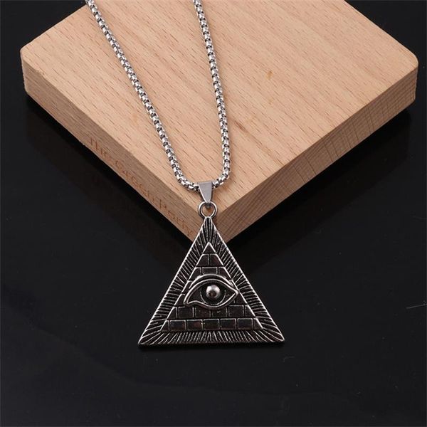 

chains fashion creative geometric design pyramid eye pendant necklace personality triangle retro hip hop men's jewelry, Silver