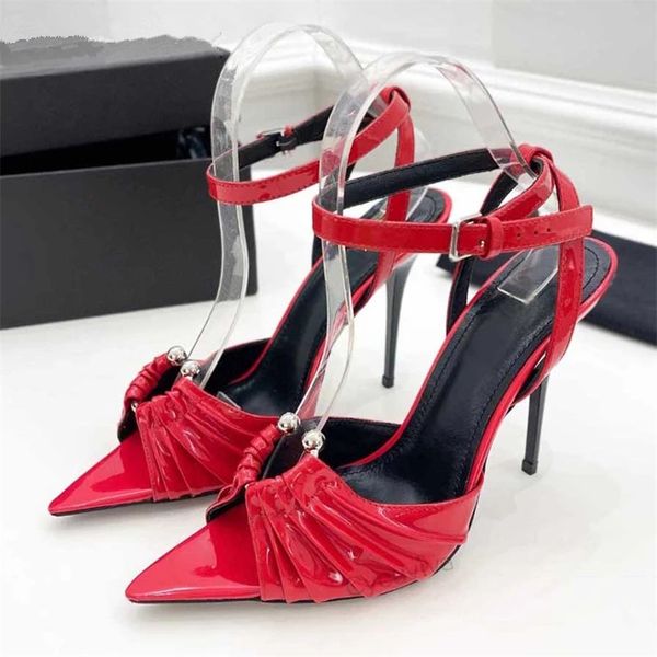 Sandálias de Noiva de Luxo de Verão Sandálias de Casamento Mulheres Red Winted Open Toe Ankle Envoltório Fino Salto Alto Sapatos Sexy Party Shoes Feminino