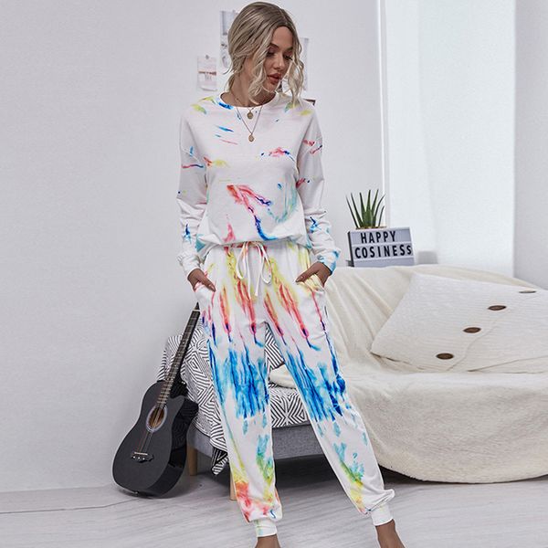 

2021 autumn winter pullover tie dye hoodies women new casual o-neck sweathershirt lace up full length pant set 1pft, Gray