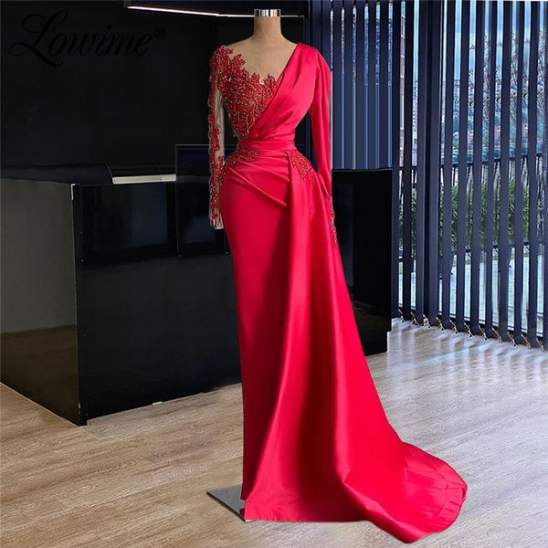 2022 Red Mermaid Abendkleid Satin Falte Spitze Applique Perlen Prom Kleider Elegante Formale Party Tragen Vestido De Novia