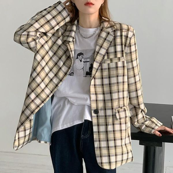 

spring suit coat women's 2021 new korean loose and thin british style retro plaid long sleeve top, White;black