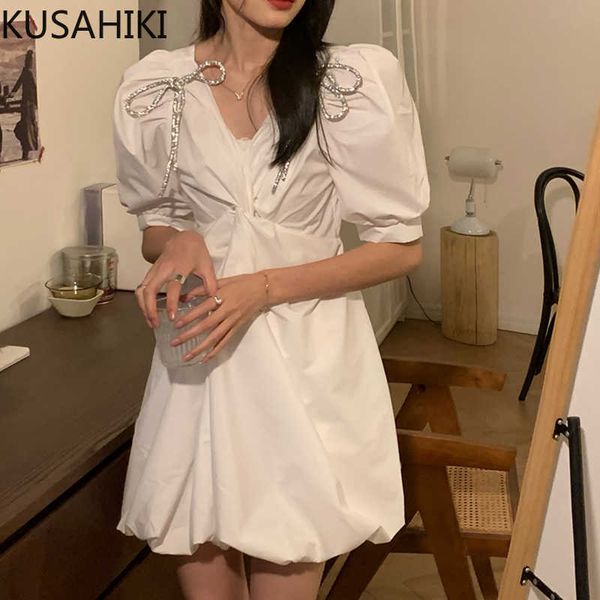

kusahiki vintage puff sleeve sweet dresses blingbling bowknot v-neck high waist vestidos korean women dress 6g265 210602, Black;gray