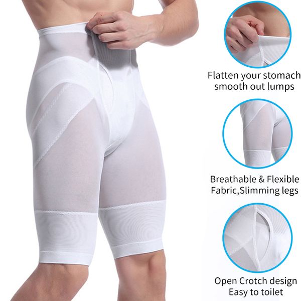 

men boxer briefs open fly high waist slimming underwear seamless belly girdle body compression shaper pants leg control shorts, Black