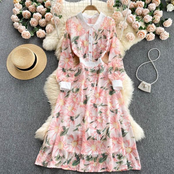 

casual dresses elegant pink flower print holiday chiffon long lace turn-down collar slim a-line office style work mid dress robes, Black;gray
