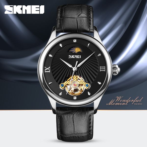 

original men's watches brand skmei men mechanical automatic skeleton man moon phase clock relogio masculino, Slivery;brown