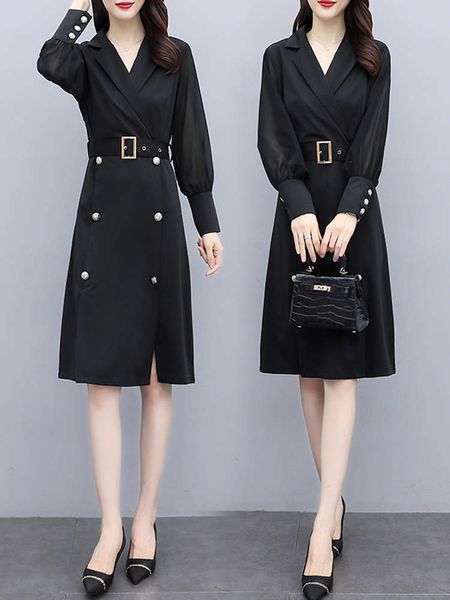 

black v-neck dress long sleeve 2021 spring and autumn new fashion celebrity temperament close waist medium length one step skirt, Black;gray