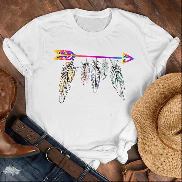 

women lady feather watercolor vintage fashion summer fall shirt clothes womens female print t tshirt tee graphic t shirt, White