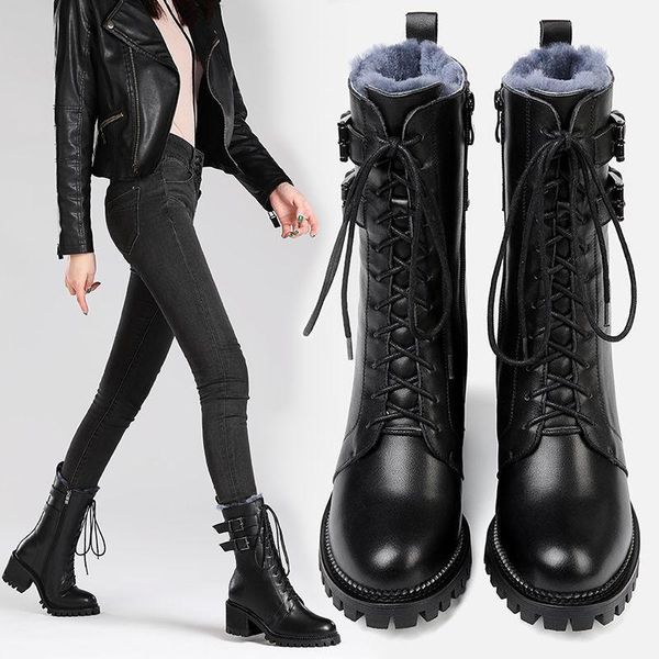 Ferse 2021 Stiefel Schnee Dickes Hochwertiges Leder Weiche Vordere Schnürung Seitlicher Reißverschluss Britische Ed Frauen Schuhe 23562