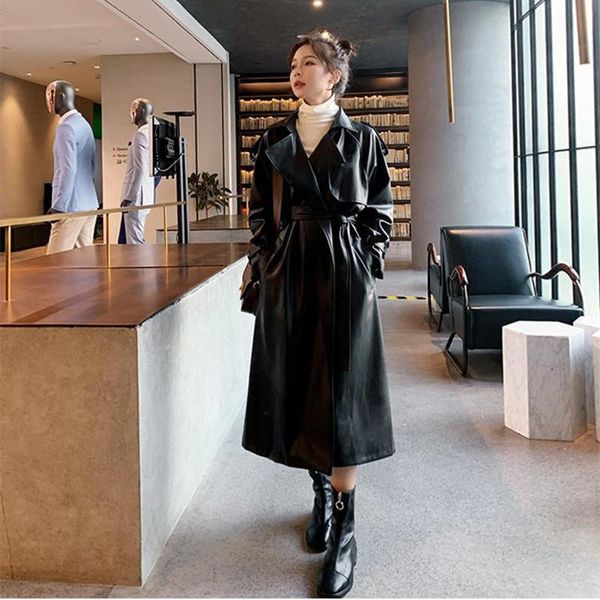 

women's trench coats fashion long pu leather coat with belt lady windbreaker waterpoof female outerwear spring autumn black, Tan;black