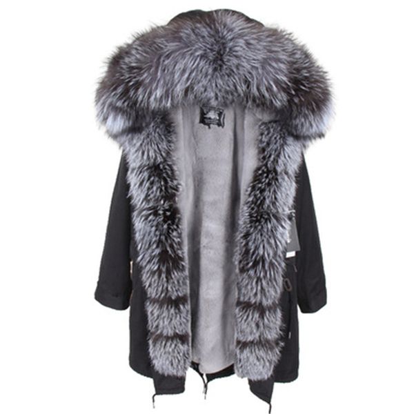 

new listing lavish silver fox fur trim closing ladies snow parkas maomaokong grey rex rabbit fur lining black long jackets