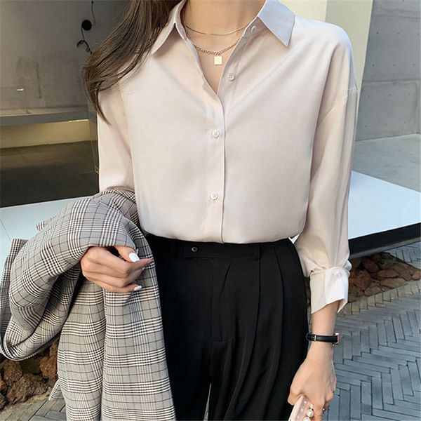 

2021 solid gentle streetwear all match office lady chic women blouses spring ol loose elegant new stylish shirts 0ece, Black