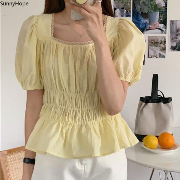 

women's blouses & shirts alien kitty korean romance retro women hollow out solid summer 2021 fashion square collar casual chic all mat, White
