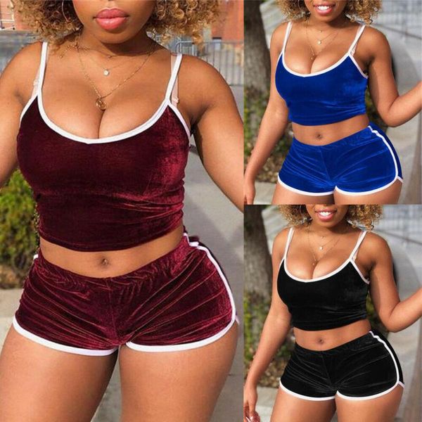 

2021 summer women sleepwear pajama sets velvet plain bodycon tank shorts 2pcs women sets nightwear lingerie, Gray