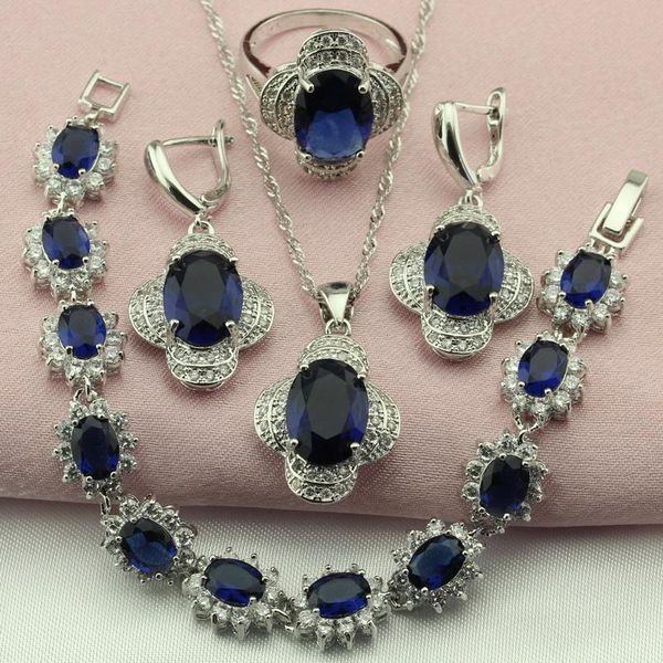 

earrings & necklace blue white green stone silver color fashion wedding jewelry sets for women drop bracelet pendant ring gift box