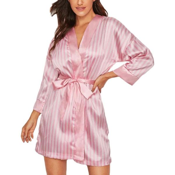 

women's sleepwear plus size lingerie women silk stripe robe satin bathrobe pajamas woman in seduction pijama #yl, Black;red