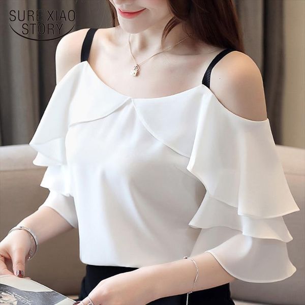 

summer fashion short sleeve white womens blouses chiffon slash neck off shoulder