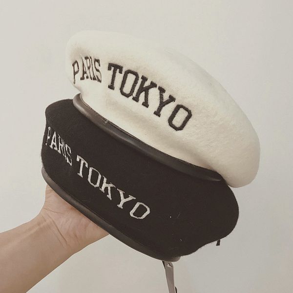 

2021 new fashion wool white black cap military leather sweatband french women beret embroidered beanie winter warm hat ys2b, Blue;gray