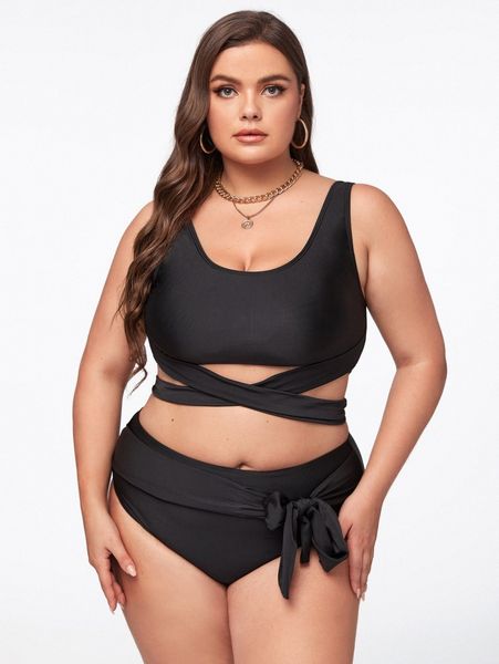 

plus crisscross knot front bikini swimsuit f3v9#, Black