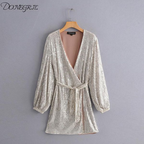 

casual dresses 2021 summer sequins v-neck mini dress women elegant puff sleeve sashes a-line ladies robe femme vestidos, Black;gray