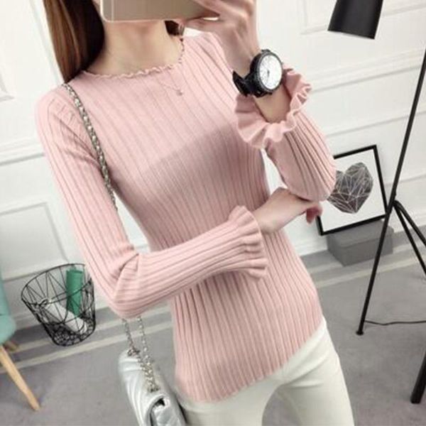 

women's sweaters 2021 spring autumn short thin sweater solid color female ruffle sleeve wild wood ear knit cc1652, White;black