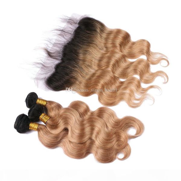 

two tone 1b 27 color honey blonde dark roots ombre body wave russian virgin human hair 3bundles with 13x4 full lace frontal closure, Black;brown