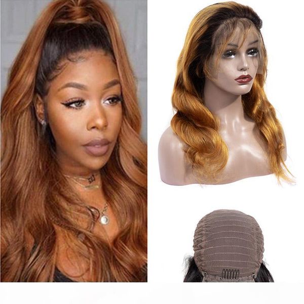 

indian virgin hair 13x4 lace front wig body wave 100% human hair lace front wigs hair products 1b 30 two tones color, Black;brown