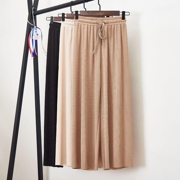 

knit thin women trousers summer black wide leg loose ankle length casual trouser elastic waist plus size pants s-4xl t200324, Black;white