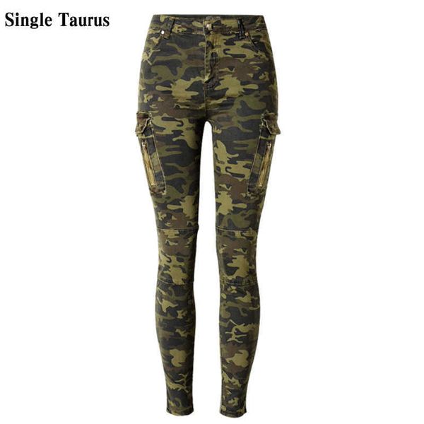 

military style england fashion slim skinny jeans women camouflage pockets vintage trousers mujer push up denim pencil pants 210927, Blue