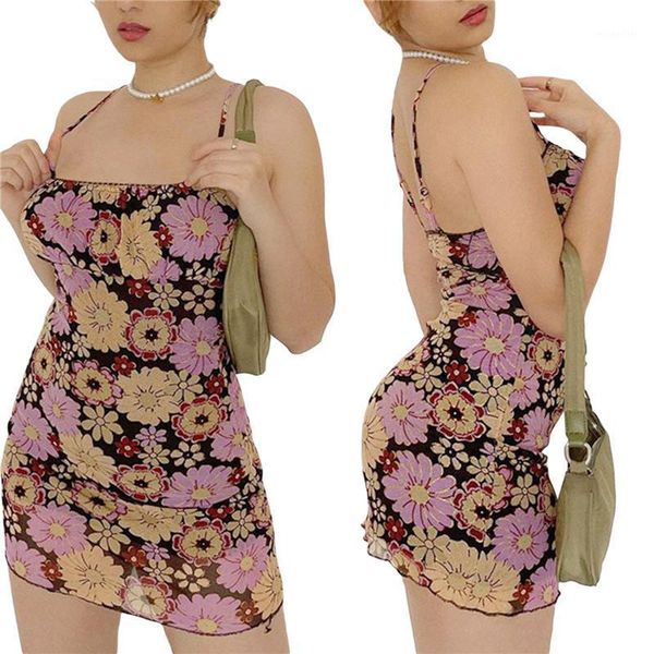 

casual dresses summer ladies floral printing suspender dress women tight sleeveless mesh short strap wrap hip, Black;gray
