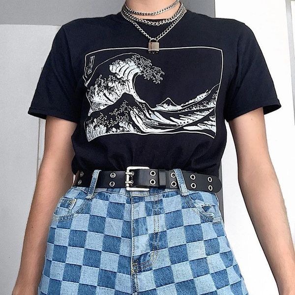

streetwear women's t-shirt the great wave off kanagawa print summer harajuku japanese wave vintage bf loose female t-shirt, White