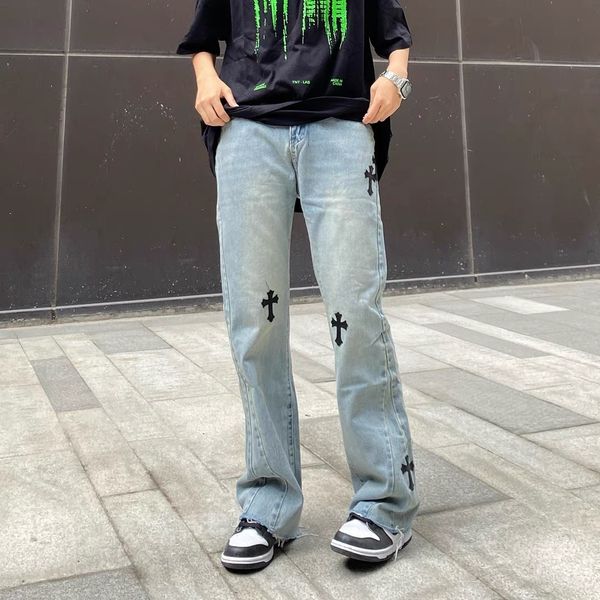 

crosin wan spring and summer ins high street vibe style old cross jeans men's micro la hip hop casual pants, White;black