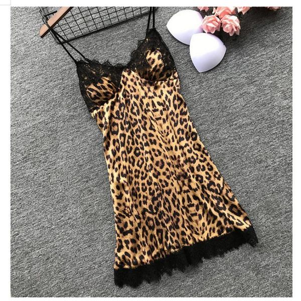

women leopard printed lace nightdress lingerie v neck summer spaghetti straps nightgown for women homewear nighty, Black;red