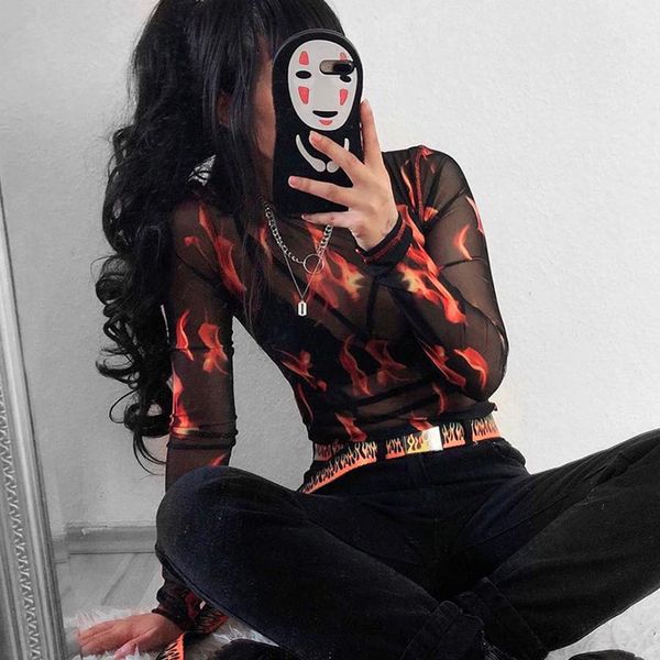 

buy women mesh printing short mouwen party t-shirt femme long mouw starry fire print #528, White