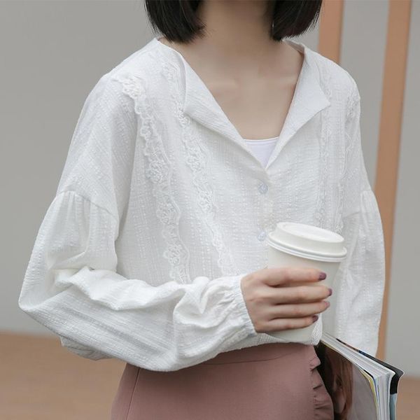 

women's blouses & shirts spring korean casual button up white long sleeve lace blouse women loose vintage aesthetic ladies