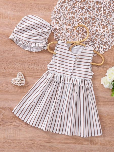 

baby striped print ruffle trim dress & hat she, Red;yellow