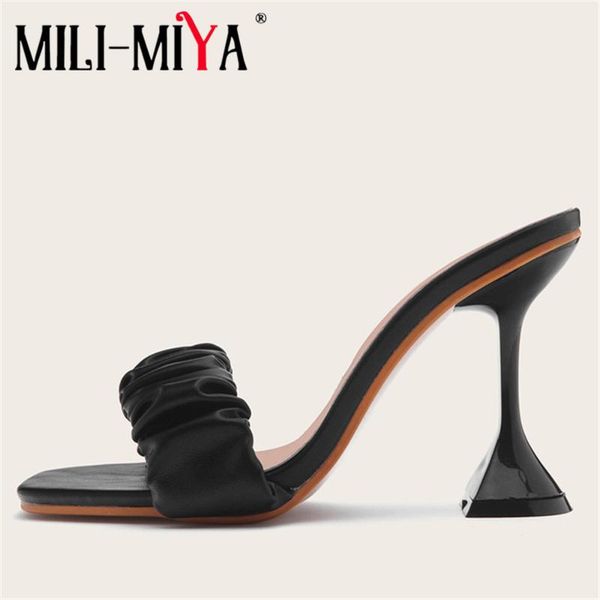 

mili-miya concise design women pleated microfiber sandals gig size 34-42 handmade slip on thick heels casual street dress party, Black