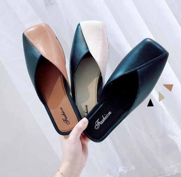 

slippers 2021 fashion square head mules women summer color matching flats slip-on holiday ladies sandals slides pu shoes, Black