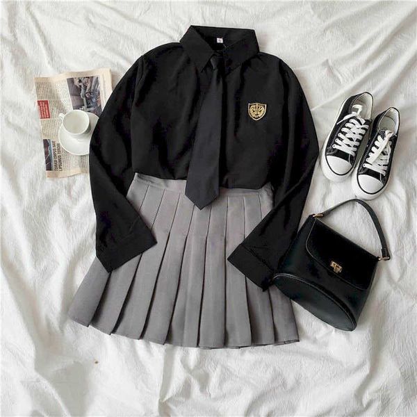 

preppy style suits spring autumn two-piece shirt niche long-sleeved + high-waist pleated skirt suit tie high street 210526, White