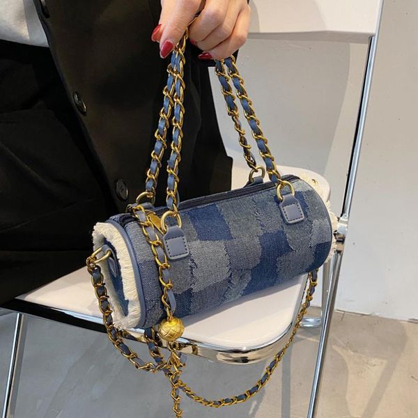 

evening bags fashion women niche design denim small shoulder messenger female casual trend all match plaid zipper barrel shaped pouch