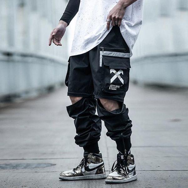 

men's pants detachable overalls autumn loose reflective functional women clothes harajuku cargo streetwear lover, Black