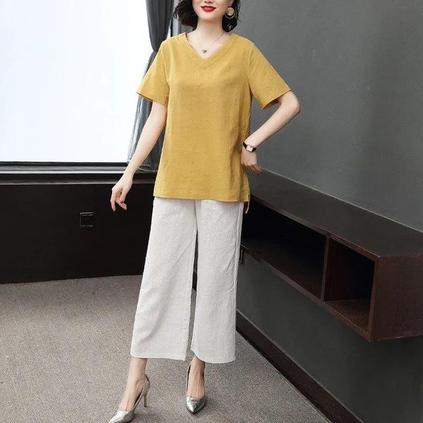 

women's two piece pants fashion solid short sleeve wide leg suit women v-neck korean loose casual sets ladies 2021 summer set, White