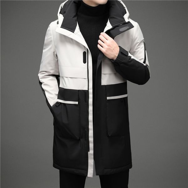 

2021 new hight quality grey duck jacket men thick winter warm hooded parka fashion patchwork mens down jaket casual long male coat kv89, Black